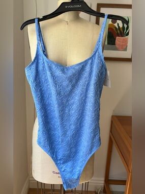 Volcom Light Blue Floral Textured Spaghetti Skimpy Swimsuit.